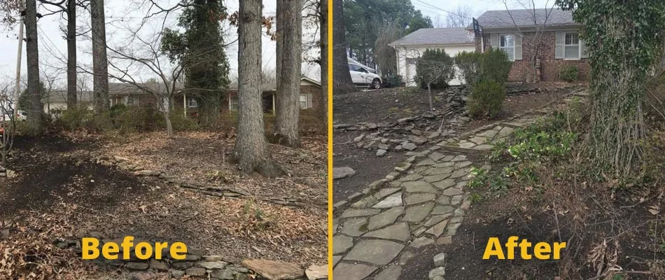 Before and after photos of a home in Gates that received our yard cleanup services.